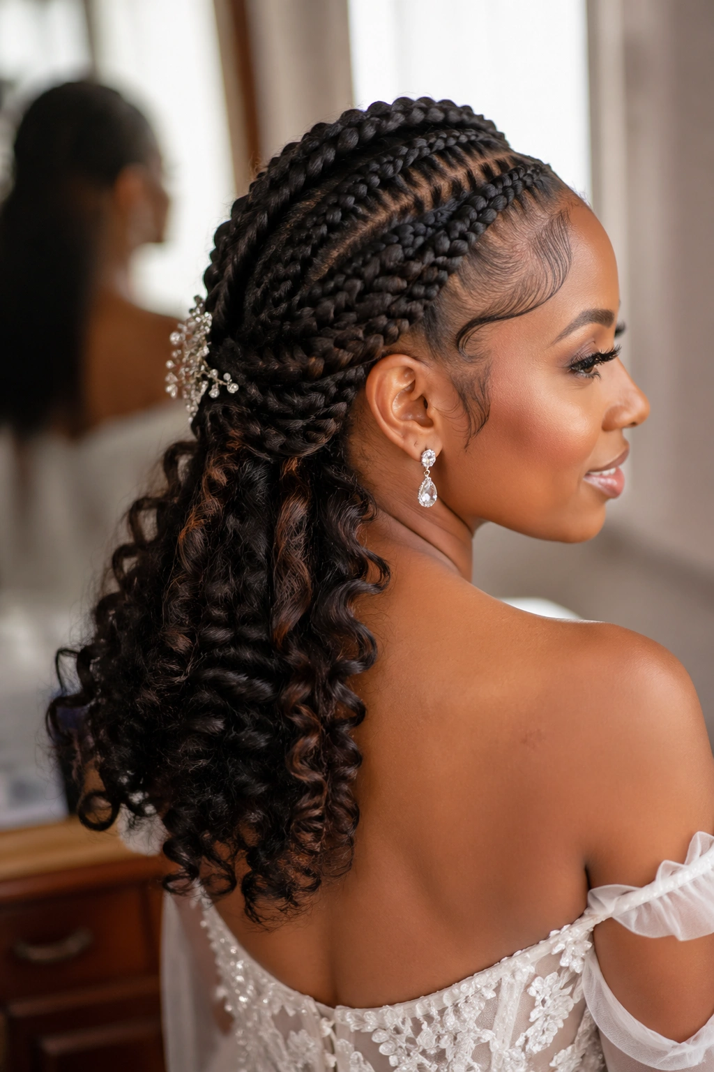 Close-up of a real woman wearing a crown braid with goddess ends and cascading curls