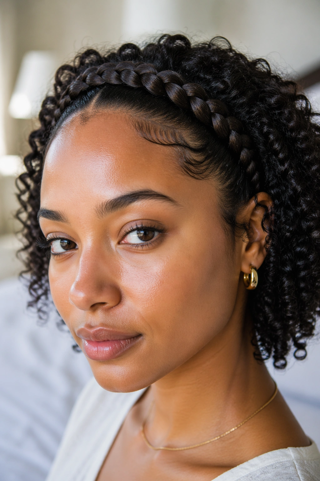 Close-up of a real woman wearing a crown braid along the hairline in soft window light