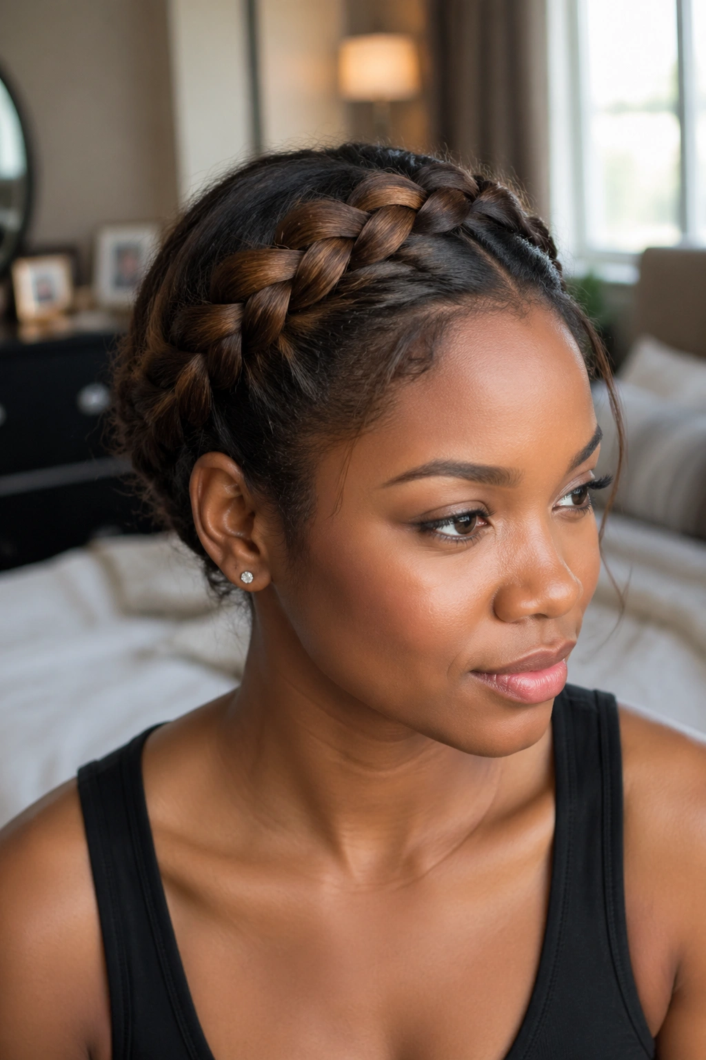 Close-up of a real woman wearing a crown braid around her head