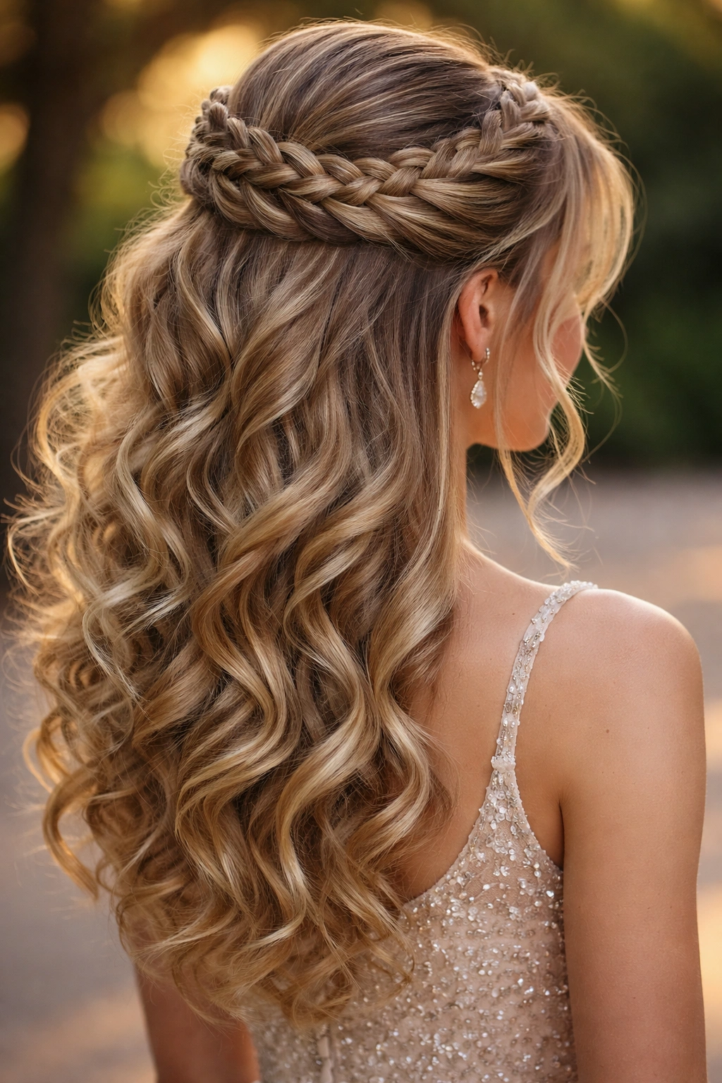 Front-facing crown braid encircling the head with loose curls