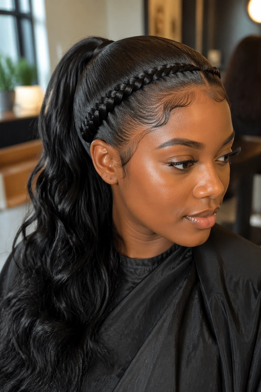 Close-up of a real woman with a slim crown braid and half up weave ponytail in soft window light