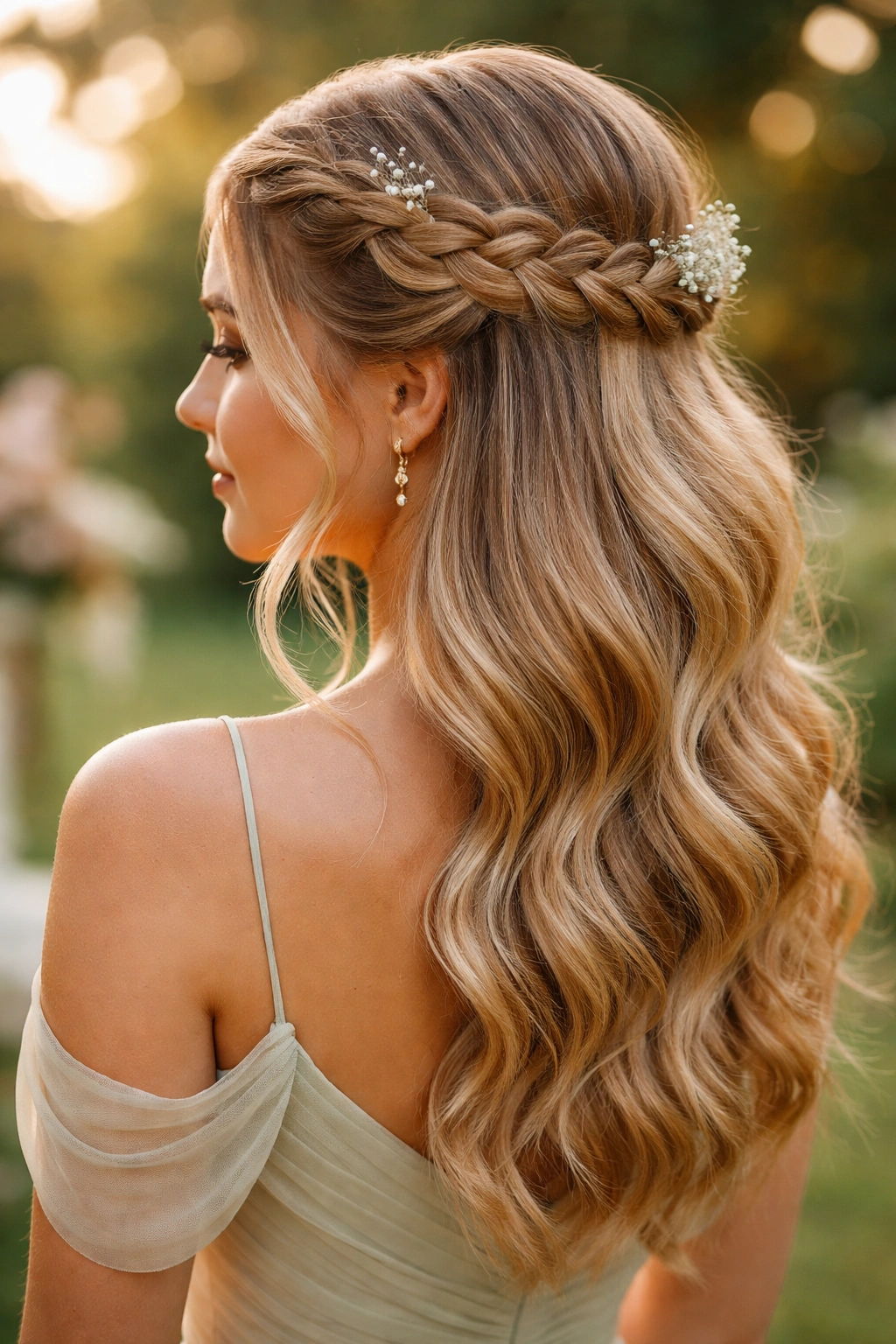 Portrait of a real woman wearing Crown Braid Half-Up with garden light