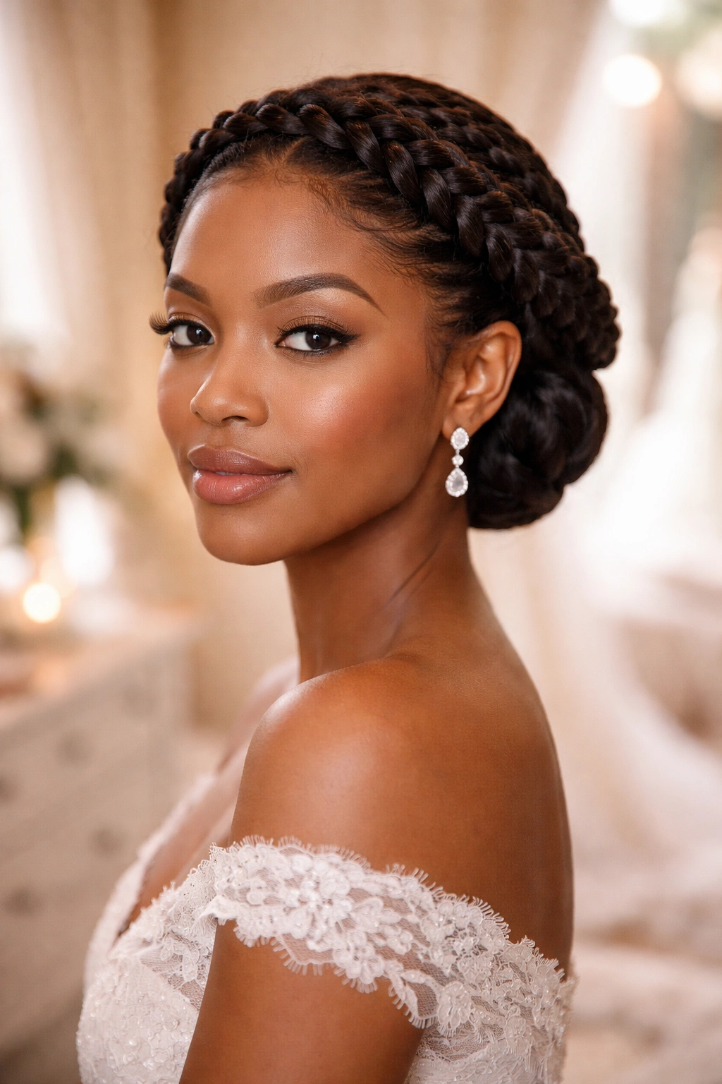 Crown braid halo around a real woman's head
