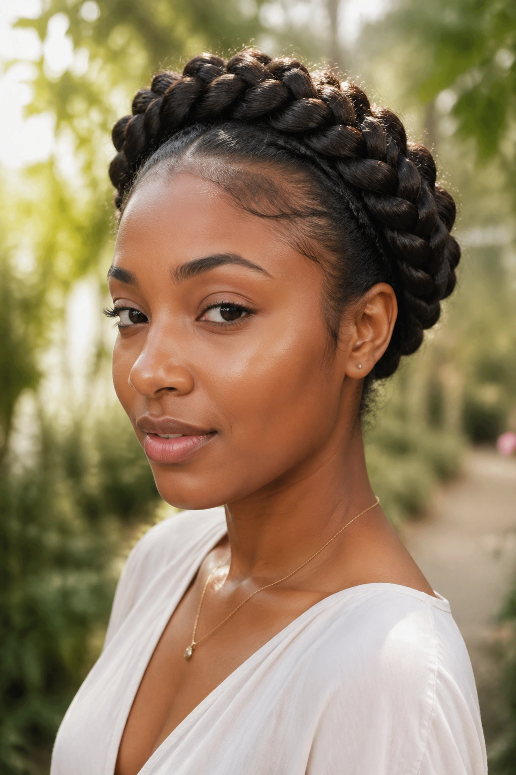Close-up of a woman with a halo crown braid around her head.