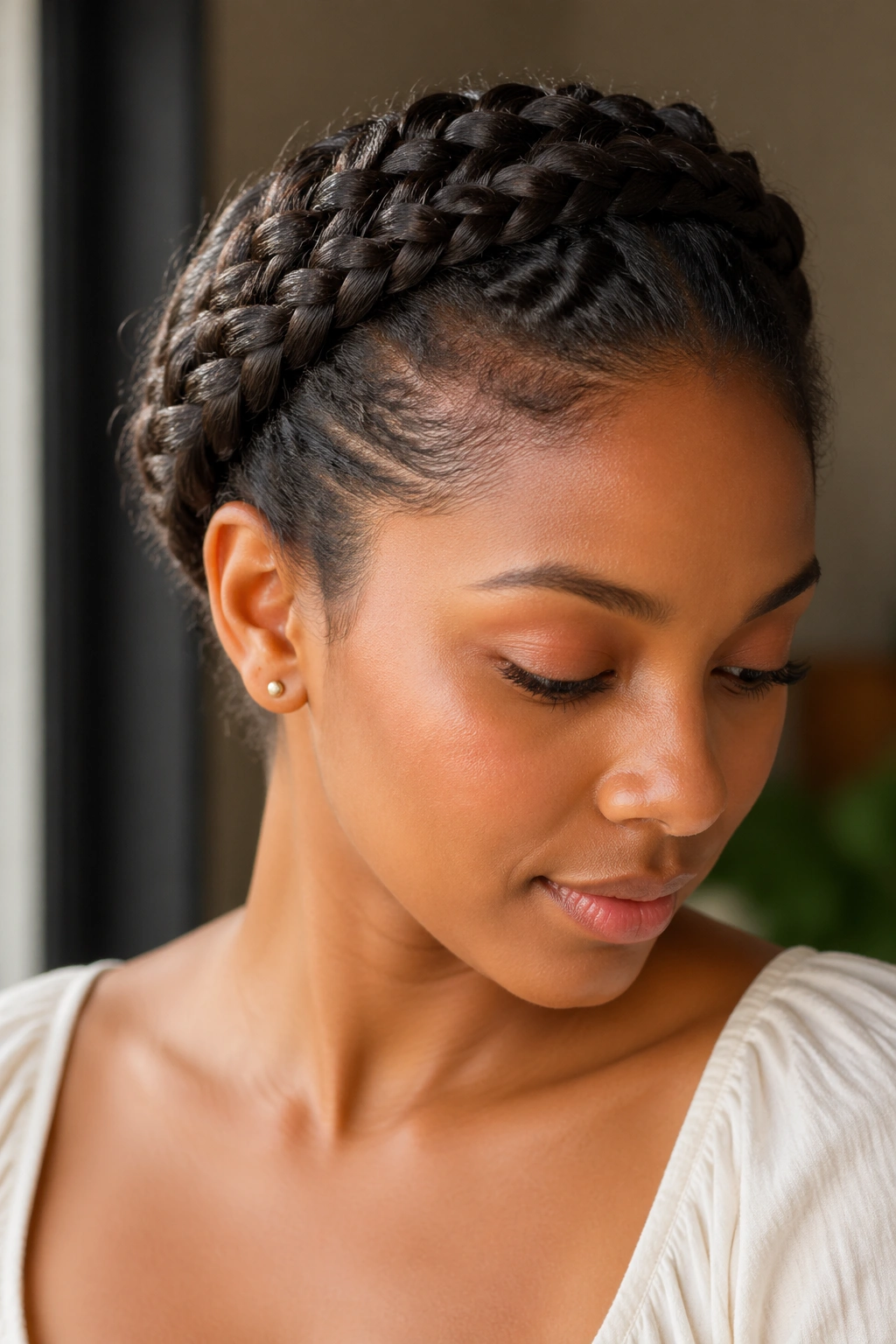 Close-up portrait of a real person with a crown braid halo around the head