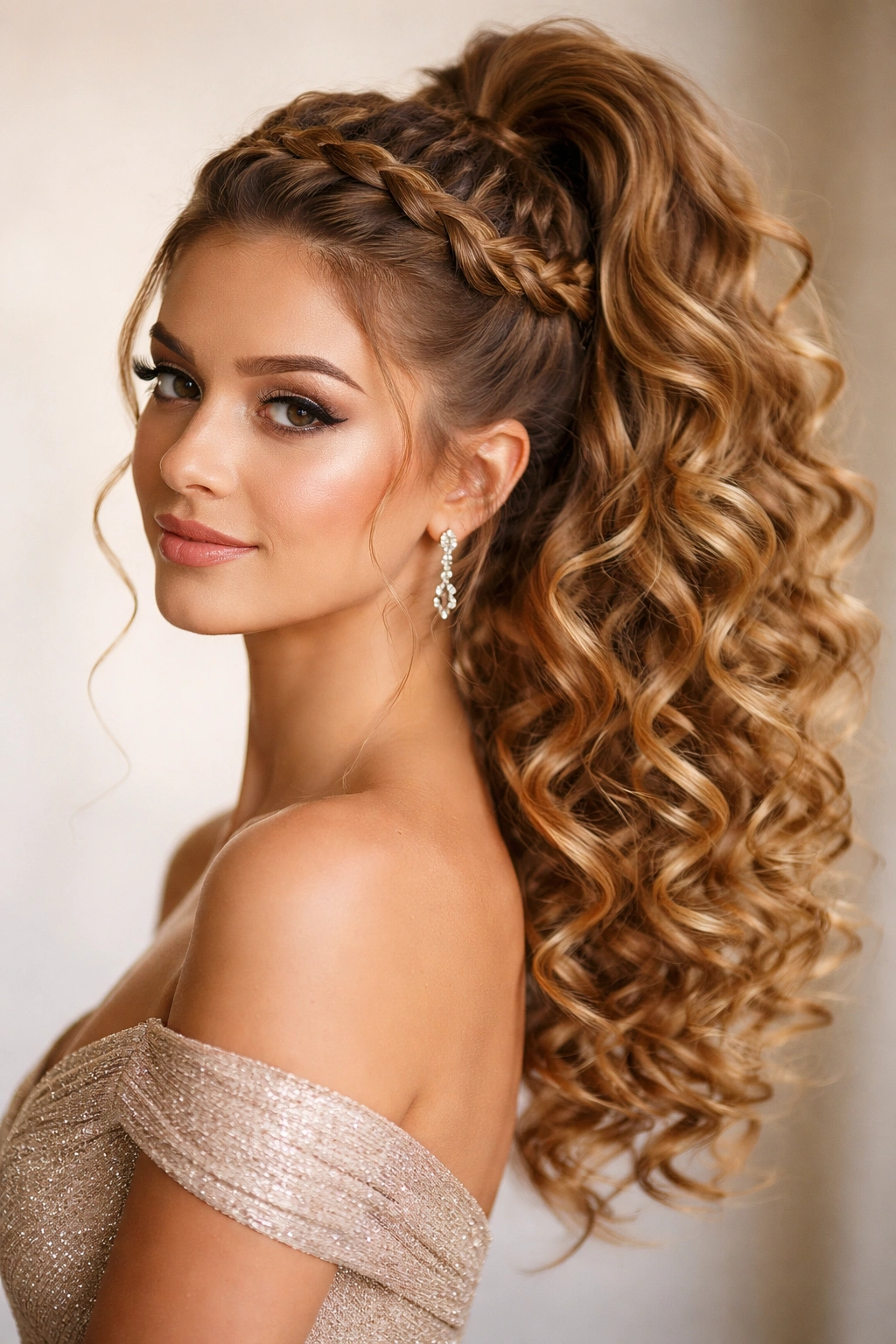 Crown braid leading into a high pony with defined curls