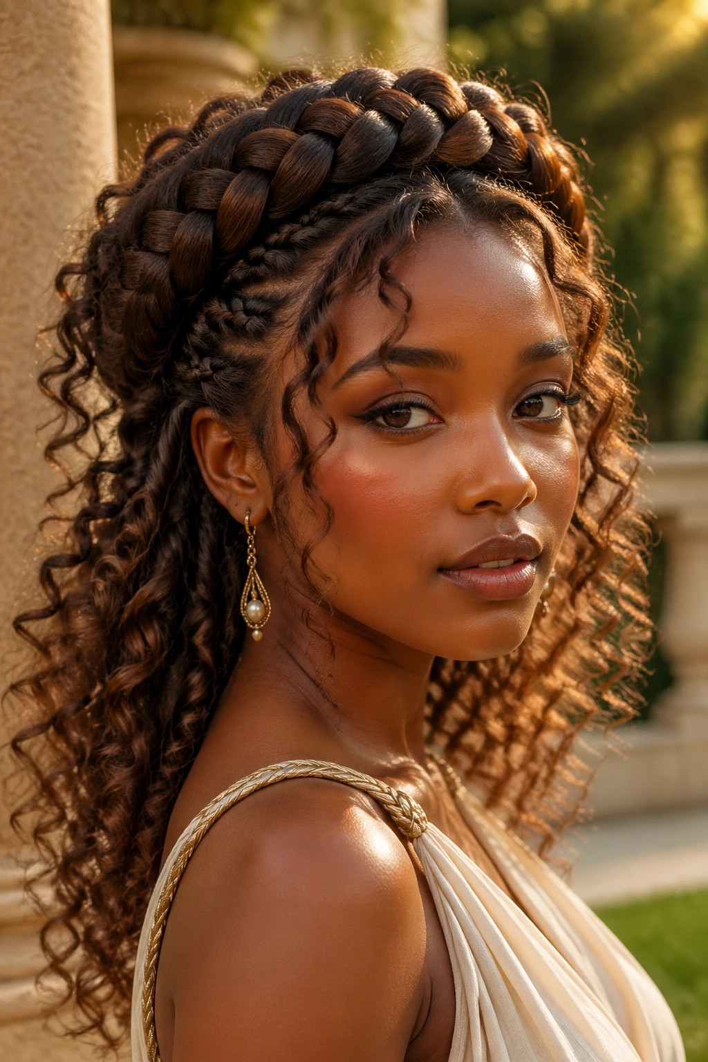 Close-up of real woman with crown braid and loose curl cascade.