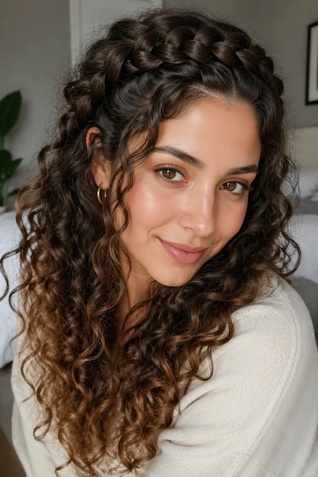 Close-up of a real woman's crown braid with loose curls around the face, lit by natural window light
