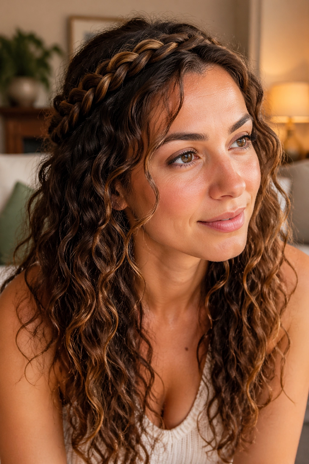 Close-up of a real woman wearing a crown braid with loose waves.