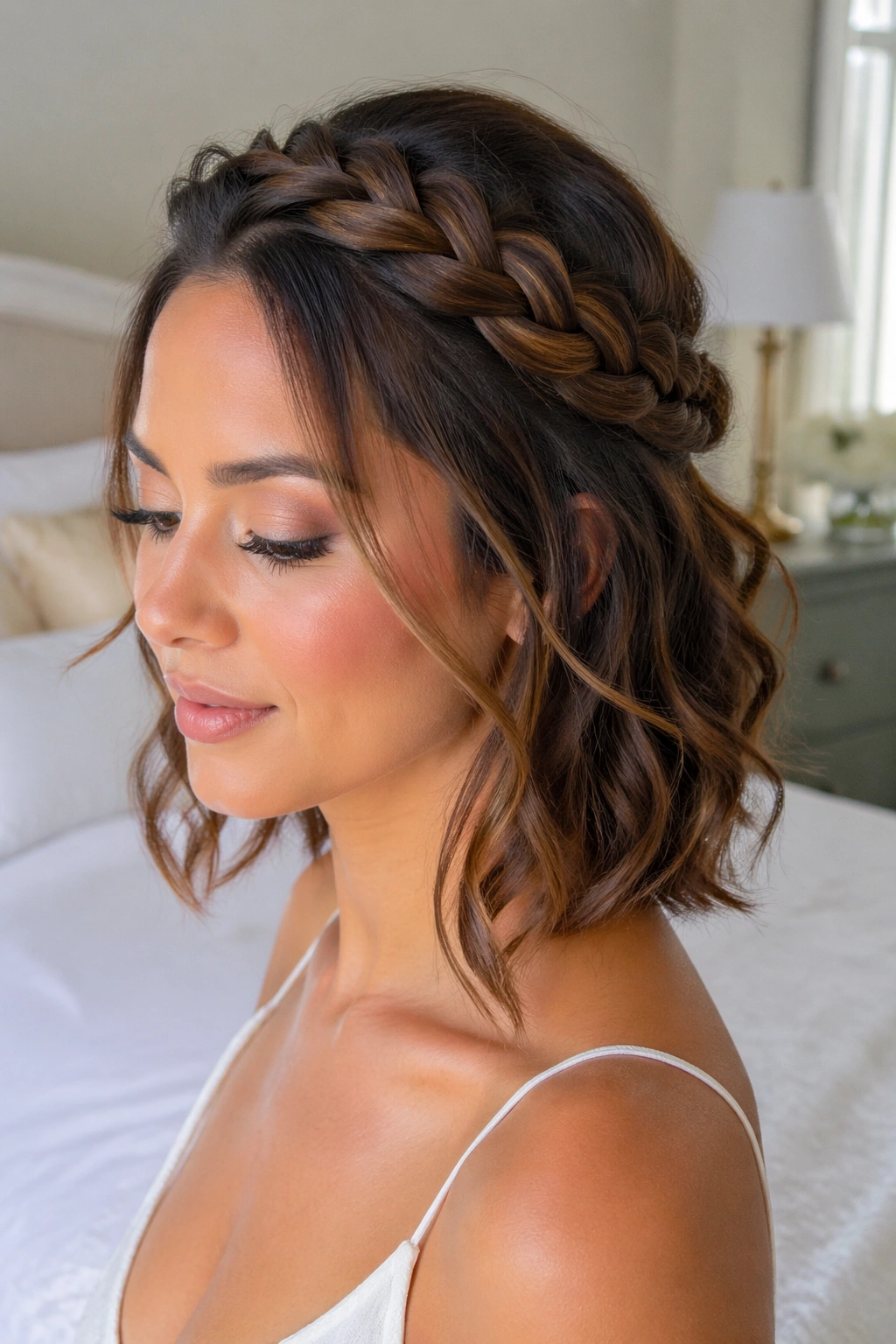 Portrait of a woman showing a crown braid and cascading waves