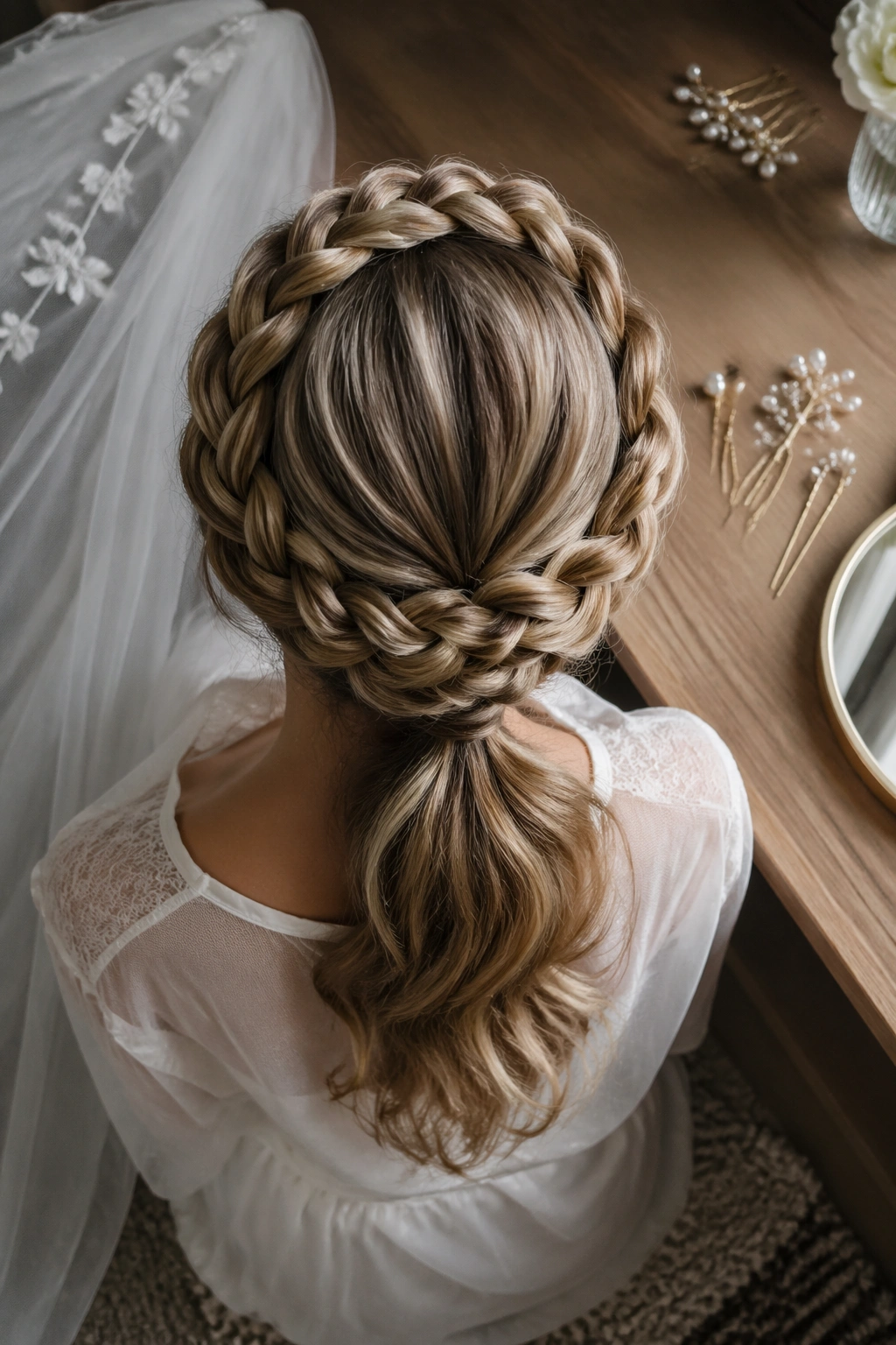 Overhead view of crown braid halo and low ponytail