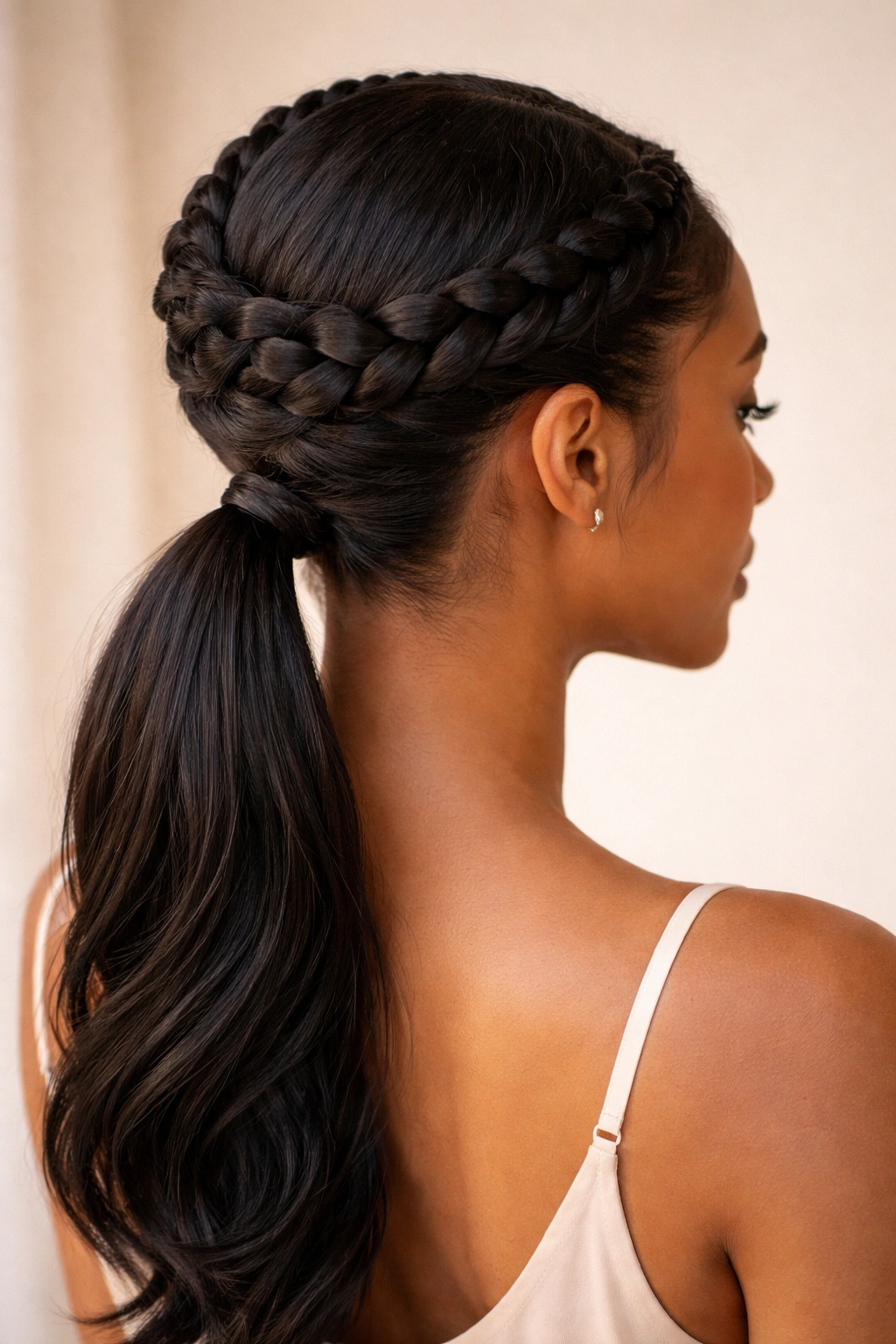 Crown braid around head flowing into a low knotless ponytail