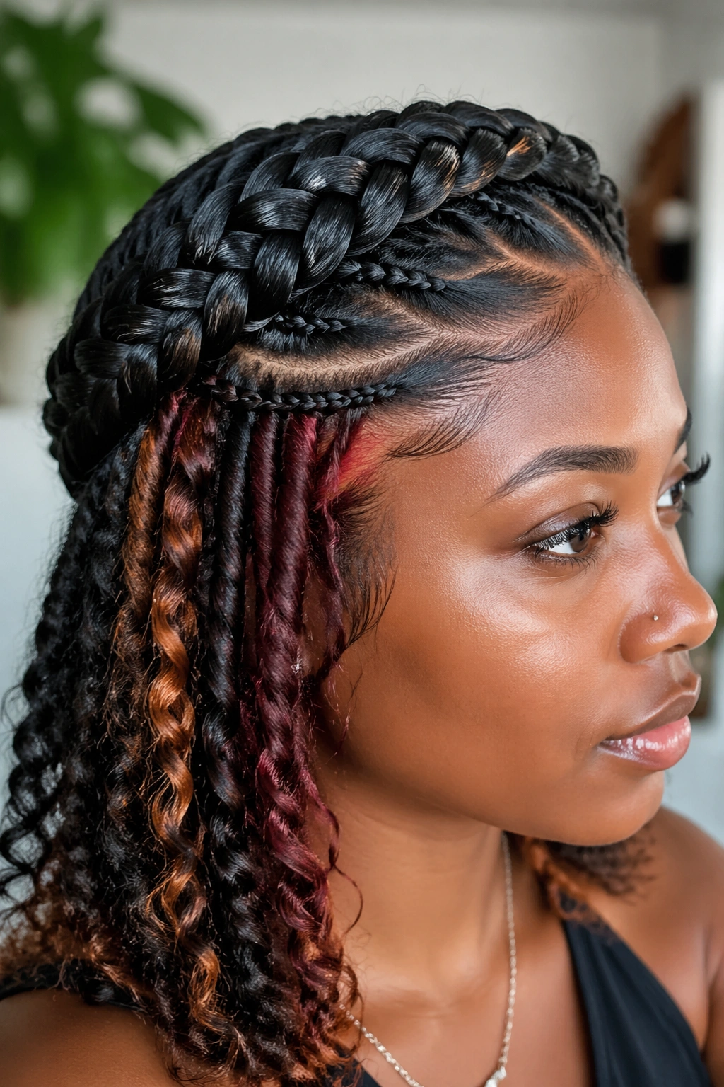 Portrait of a person with a crown braid and contrasting underlayer visible beneath