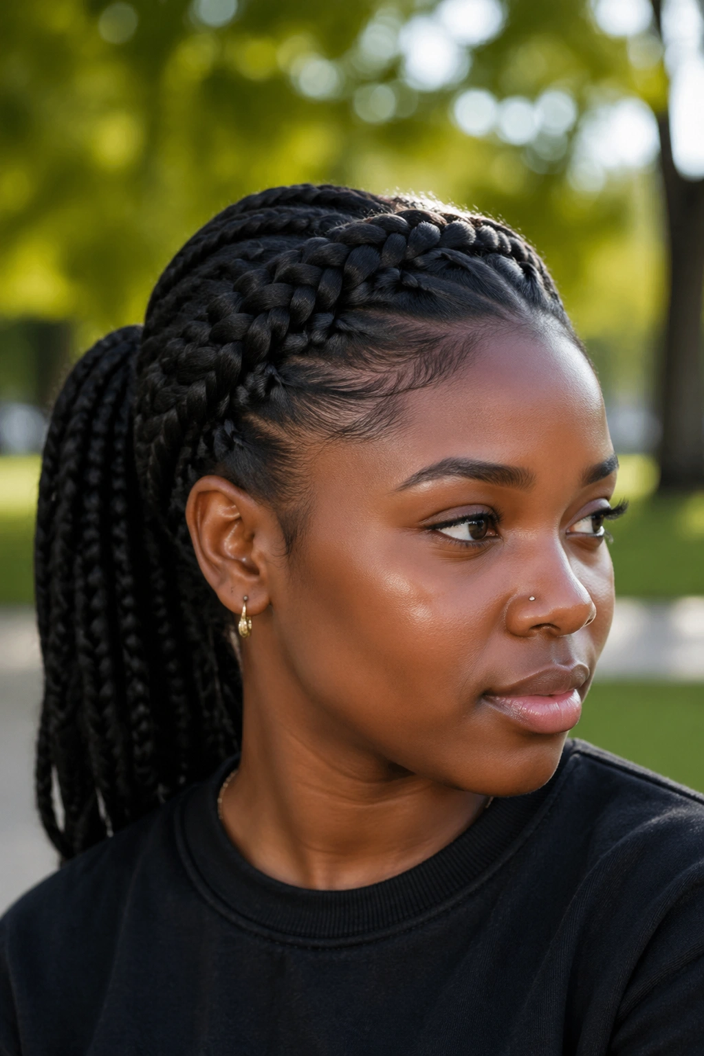 Portrait of a real person with a crown braid around the head feeding into a ponytail.