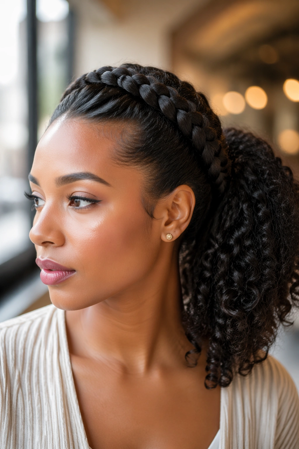 Close-up of crown braid feeding into ponytail on a real woman