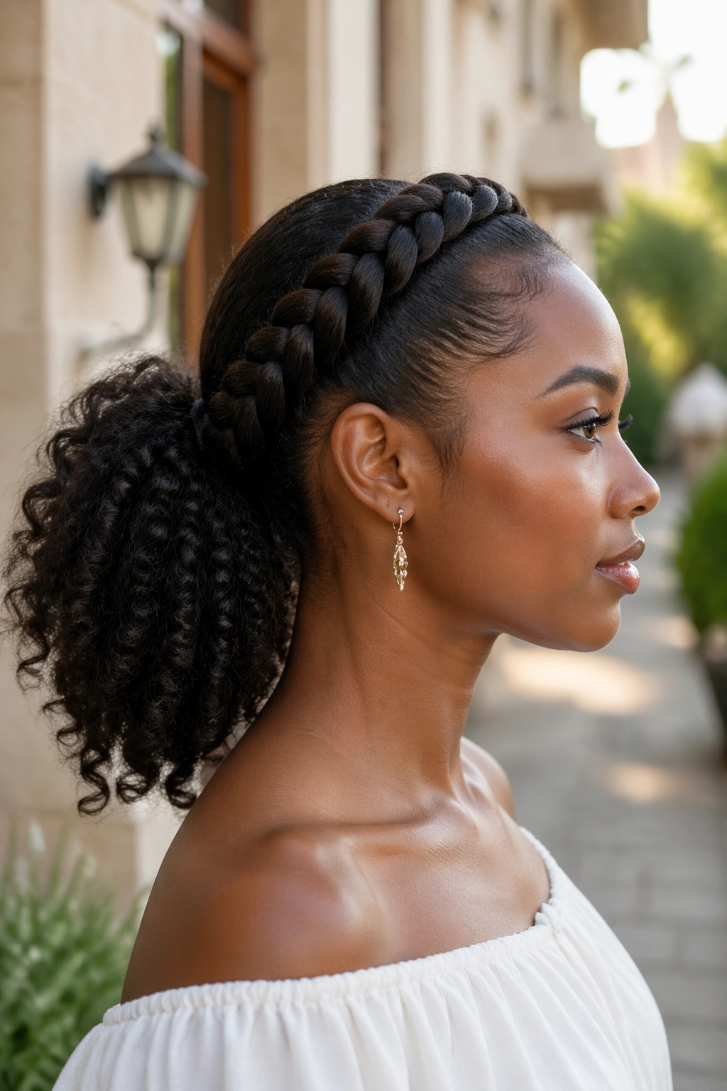 Side profile of crown-braid ponytail with crown braid along hairline into a ponytail on a real woman