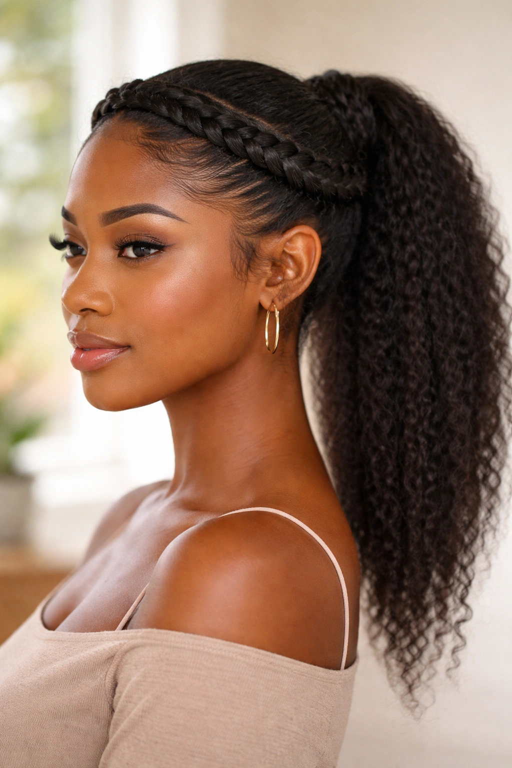 Close-up of a real woman with crown braid around front into a ponytail