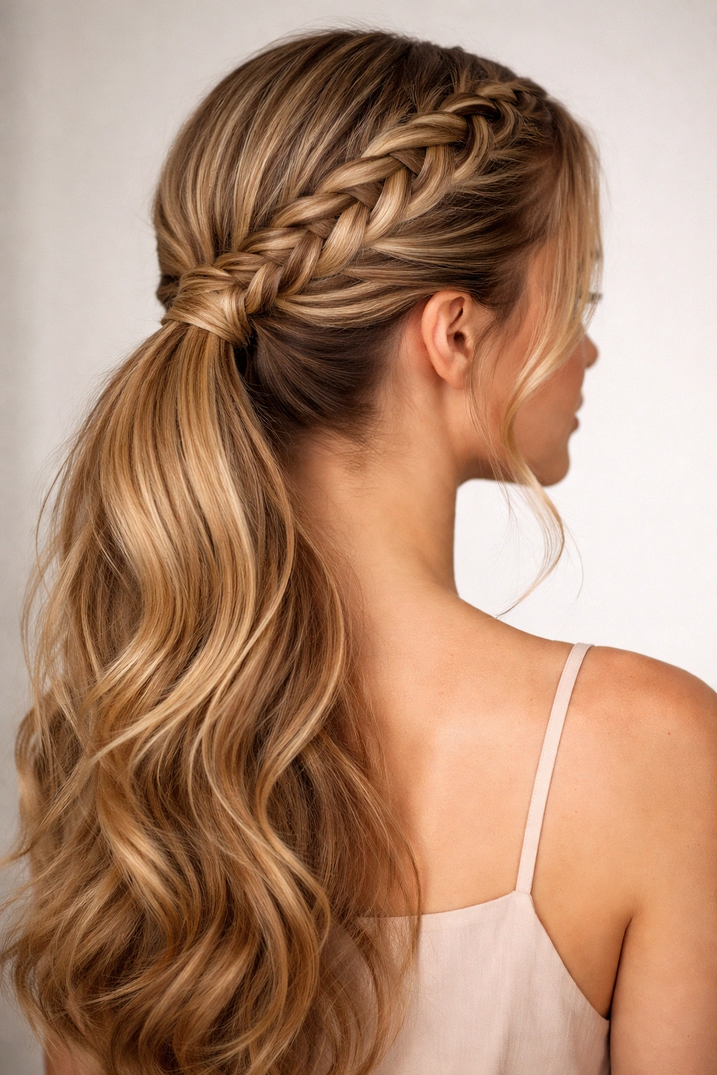 Low ponytail with a crown braid along the crown integrated into the ponytail.