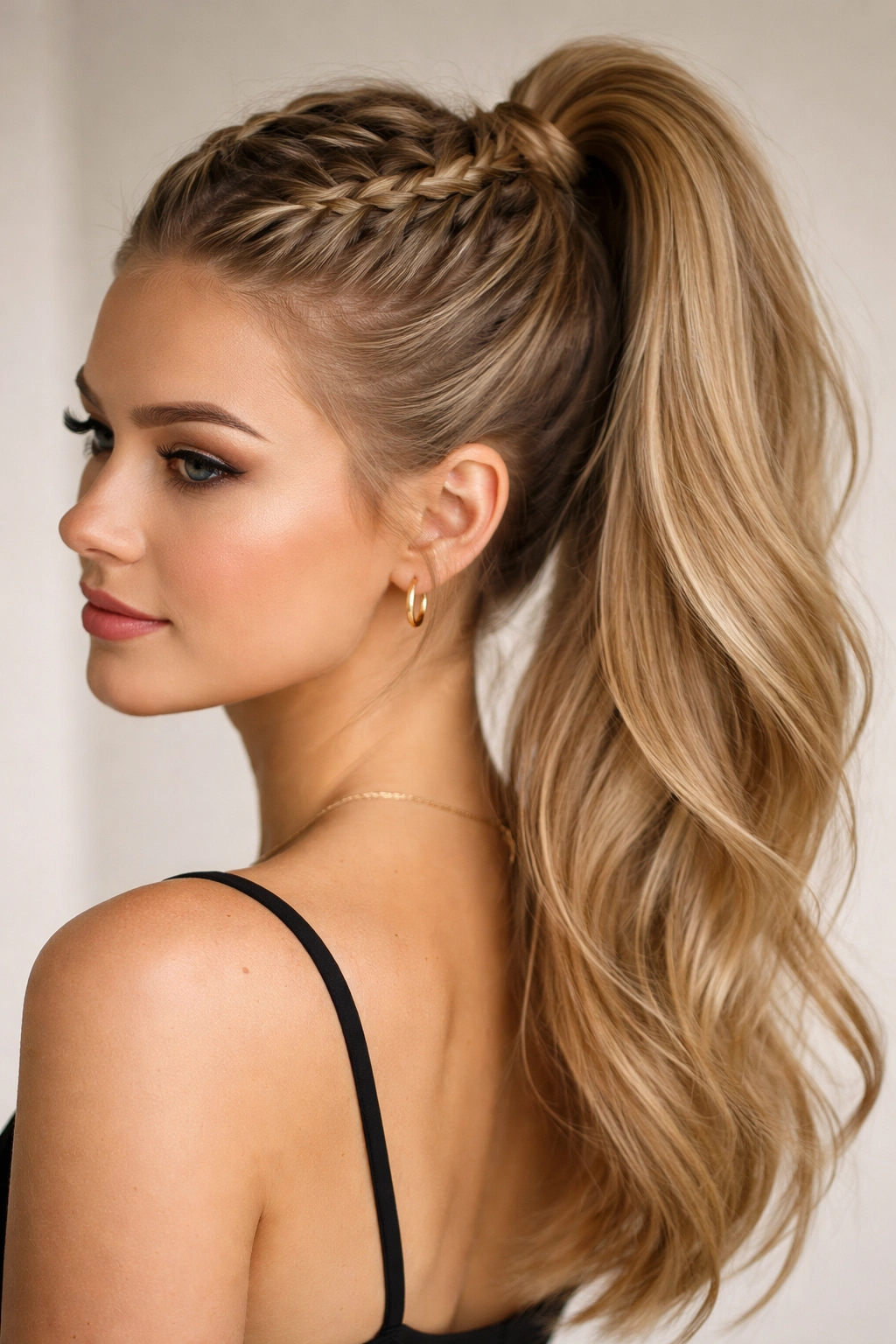 Crown-front French braid flowing into a high ponytail with crown lift, detailed hair texture