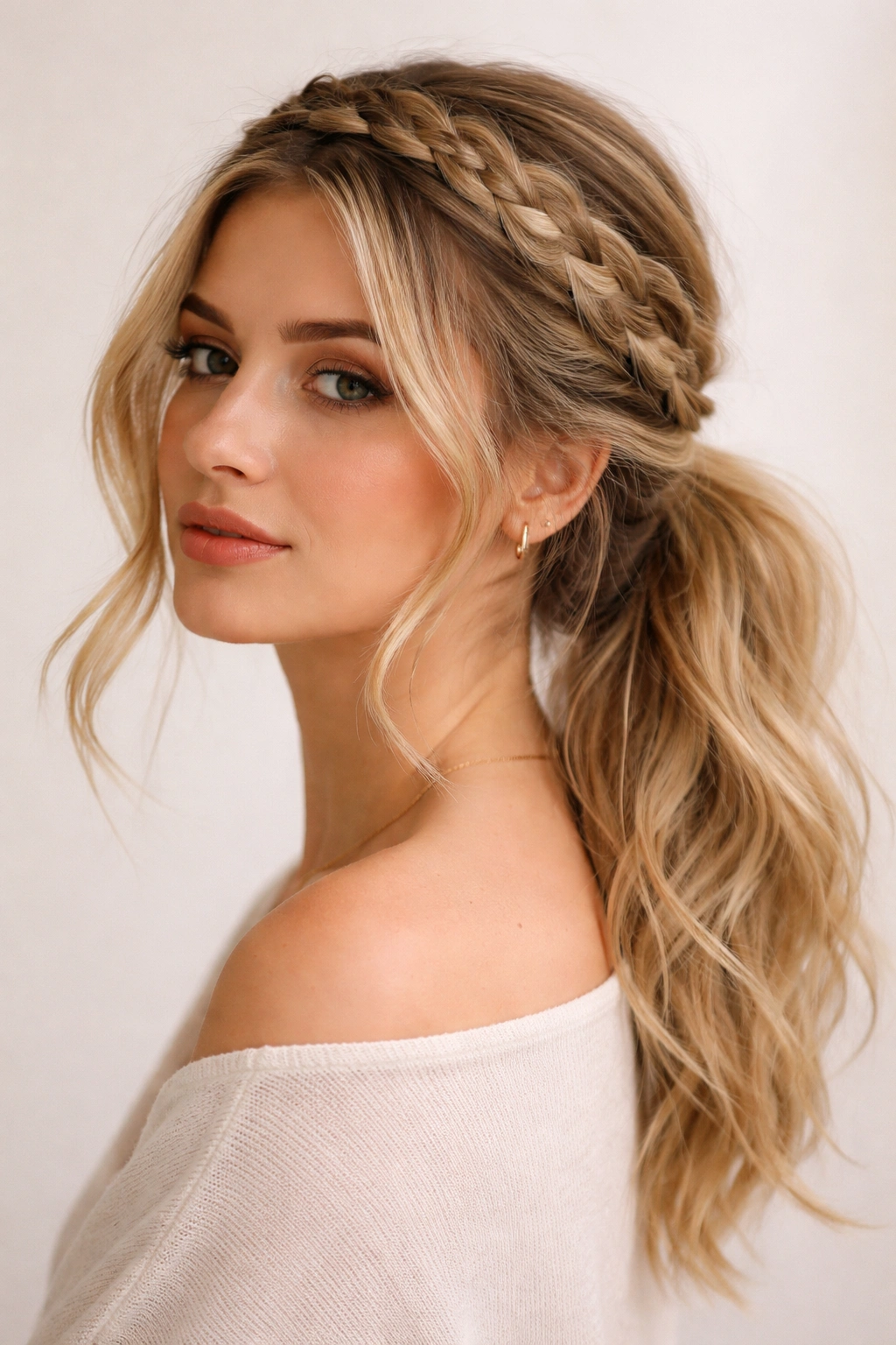 Crown braid around head forming a headband into a soft low ponytail.
