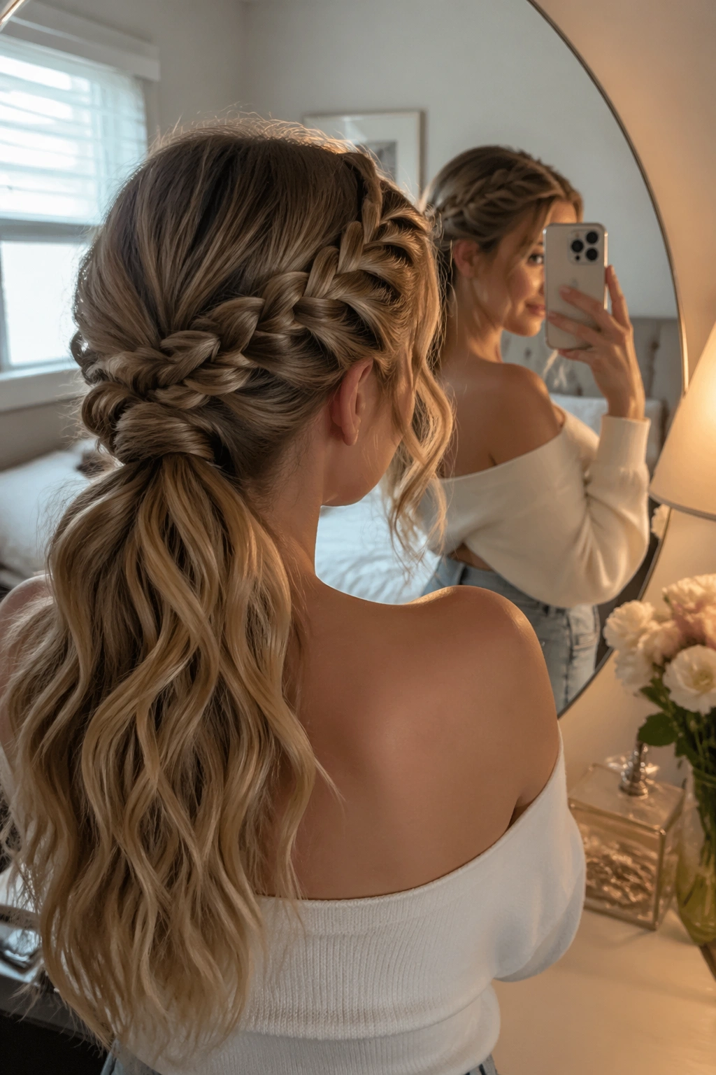 Crown braid into ponytail seen from mirror selfie