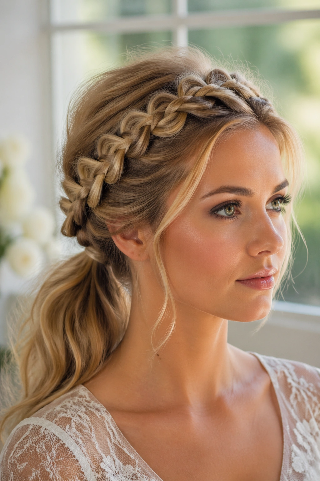 Close-up of a real woman with a crown braid feeding into a low ponytail