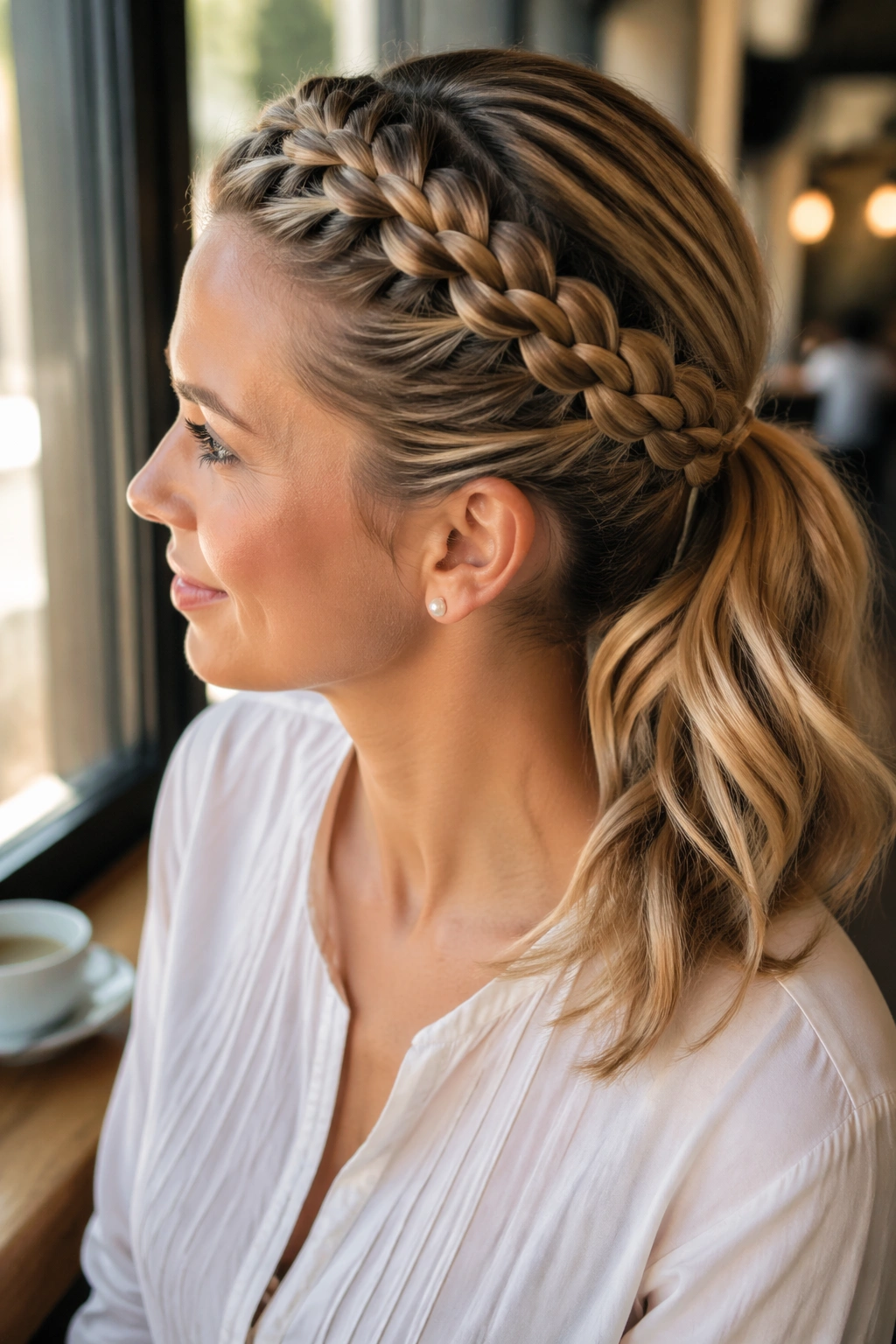 Profile view of a woman with a crown braid and ponytail