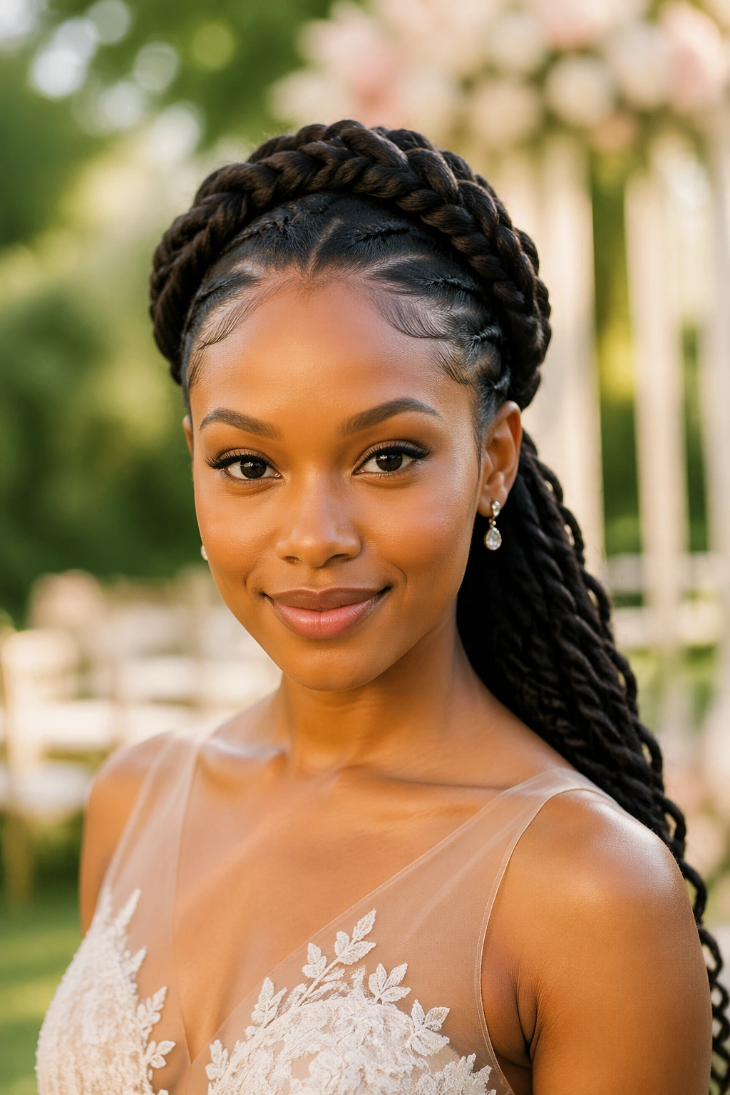Front portrait of a real woman with crown braid and long twisted tail ponytail