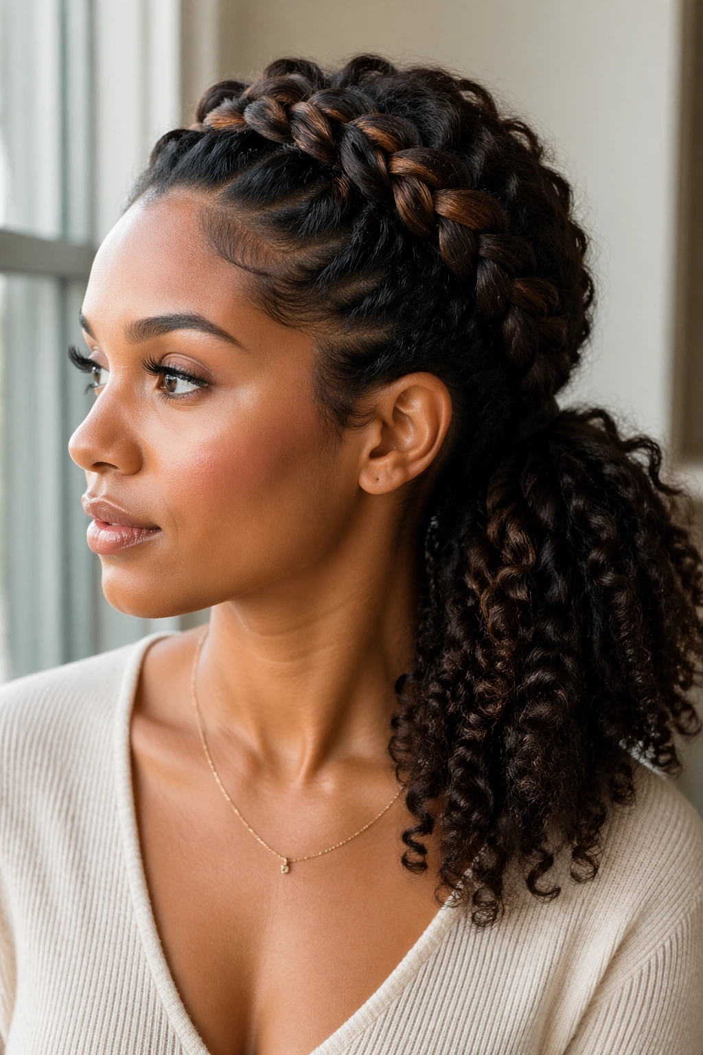 Real woman with crown braid leading into a faux ponytail