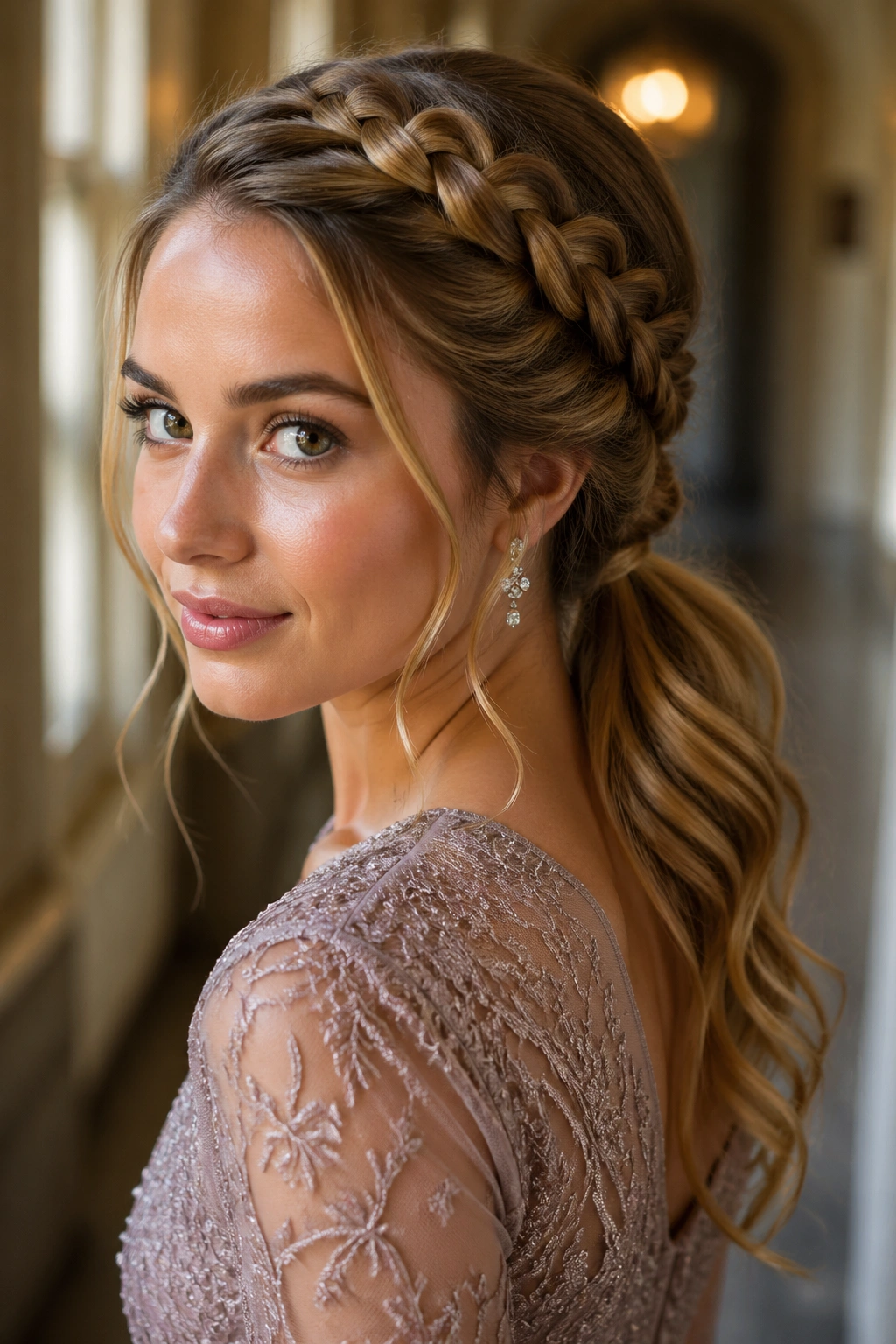 Close-up of a real woman with a crown braid and soft low ponytail