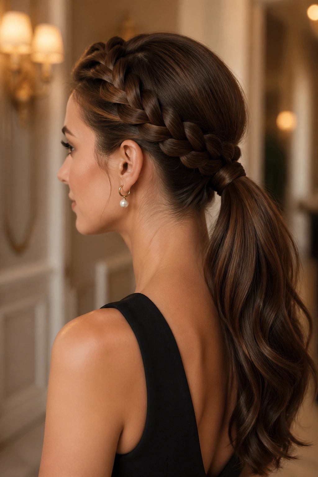 Real woman with crown braid transitioning into a ponytail, close-up.