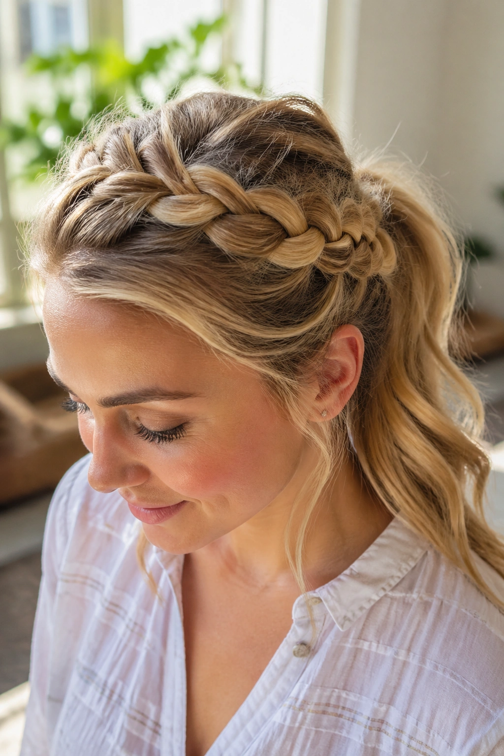 Close-up of a real woman with a crown braid framing the head and ponytail