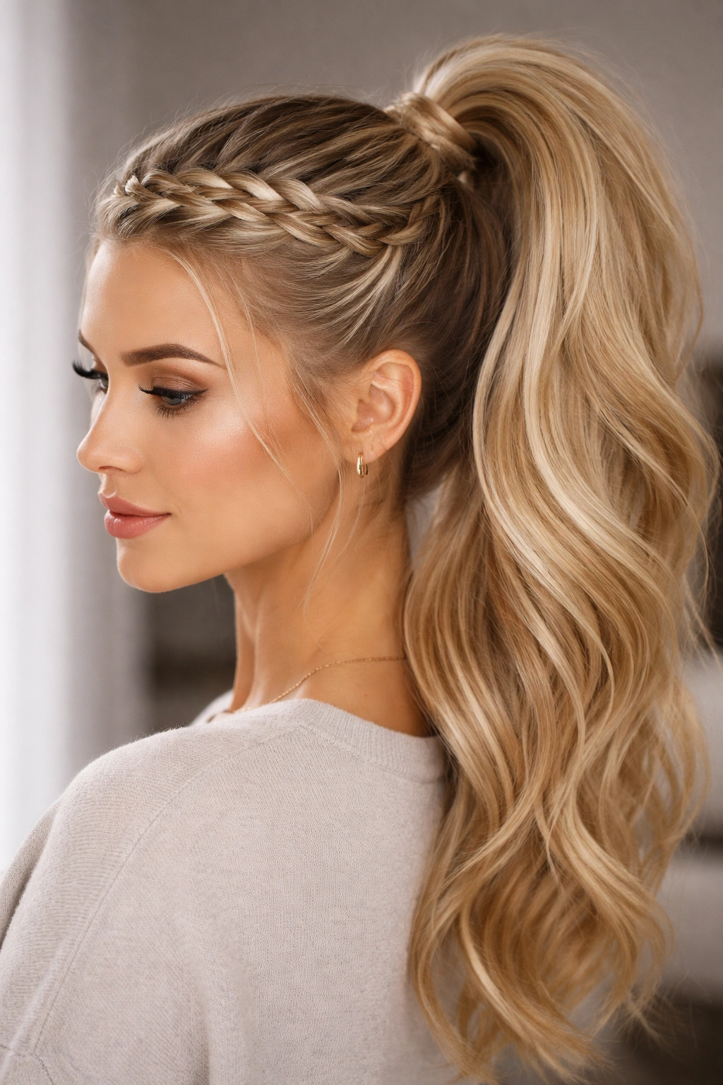 Blonde crown braid merging into high ponytail with balayage highlights