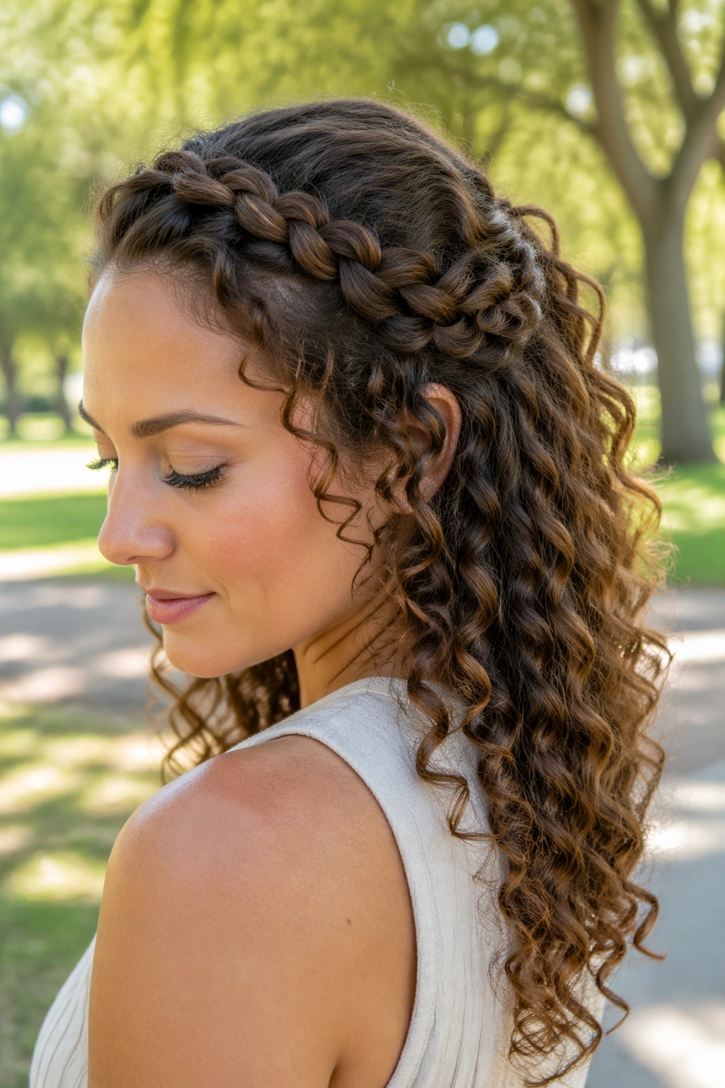 Close-up of a real woman's crown braid half ponytail