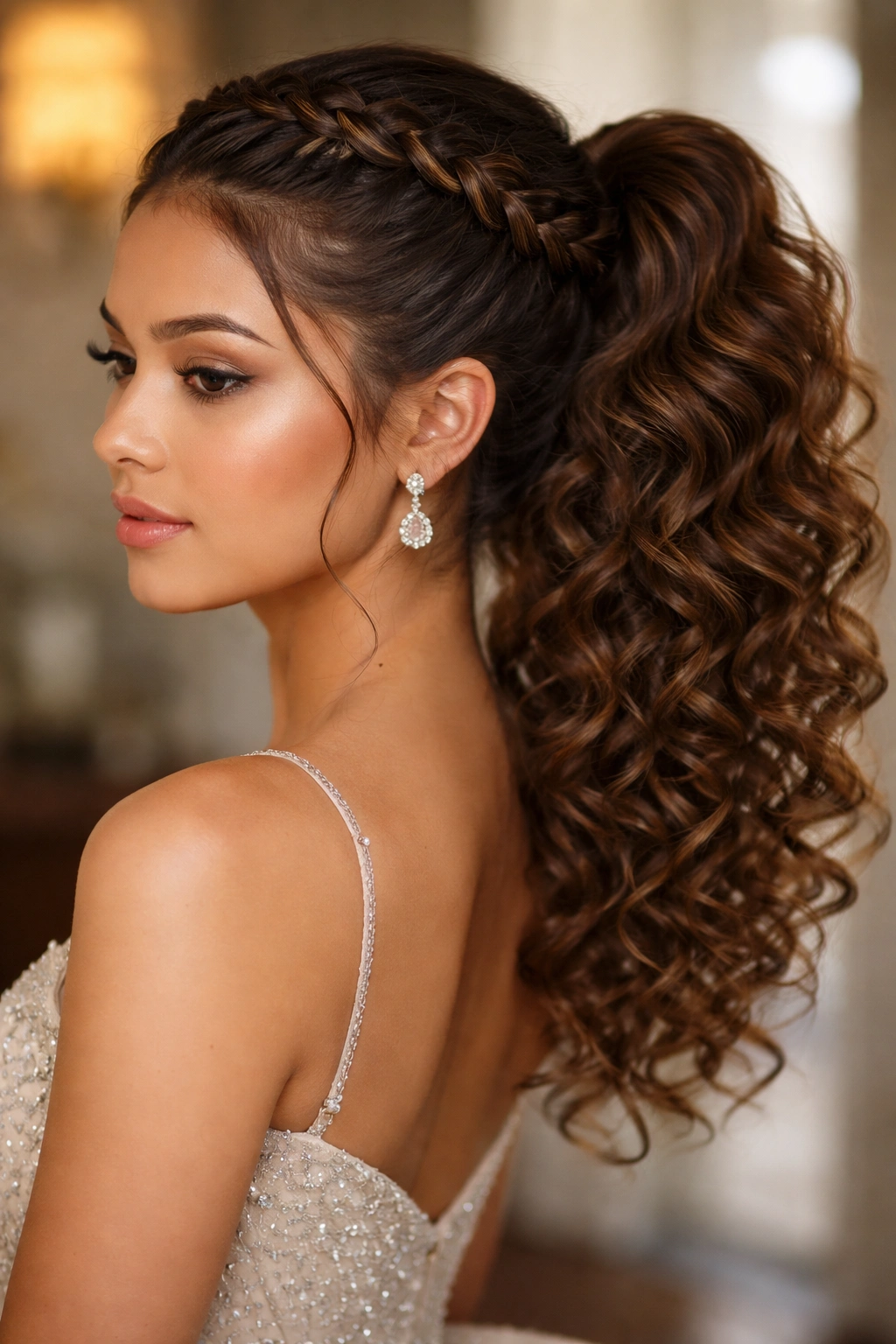 Close-up of crown braid merging into a curly ponytail on a real person