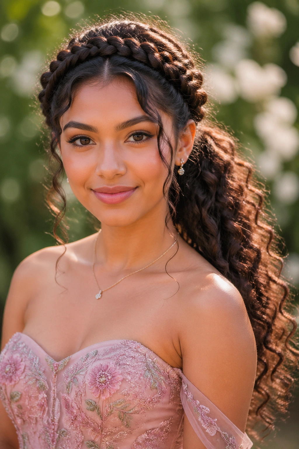 Profile view of a real woman with a crown braid halo feeding into a cascading curly ponytail