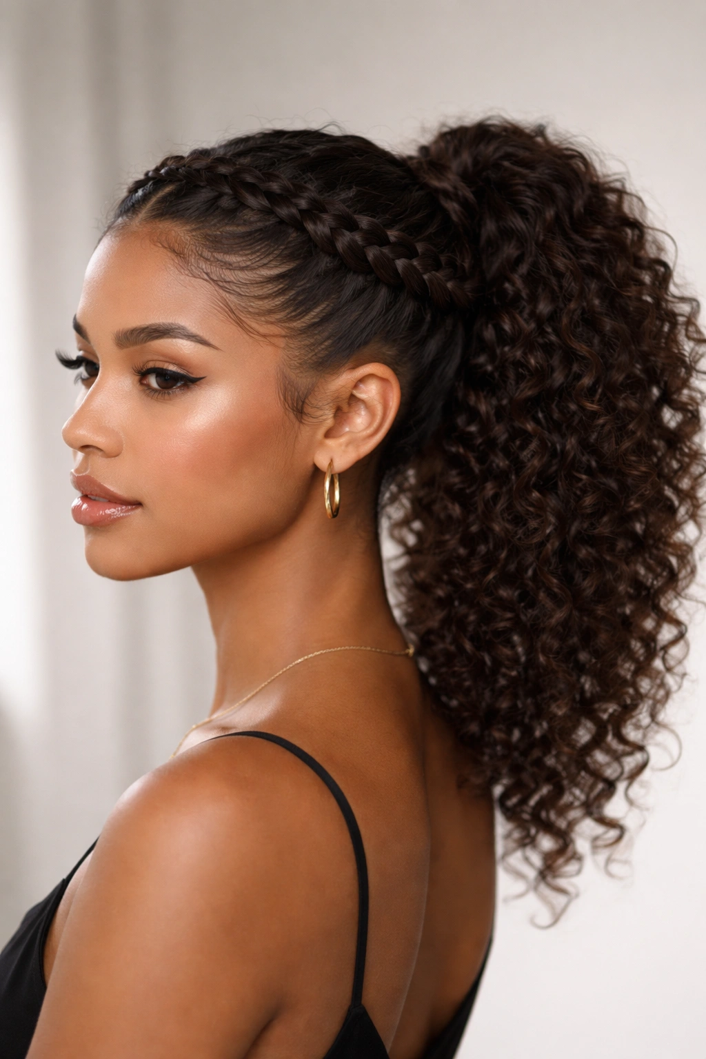 Crown braid encircling head into ponytail on curly hair