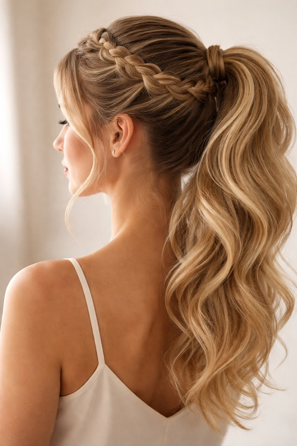 Close-up of crown braid framing the head with a hidden ponytail