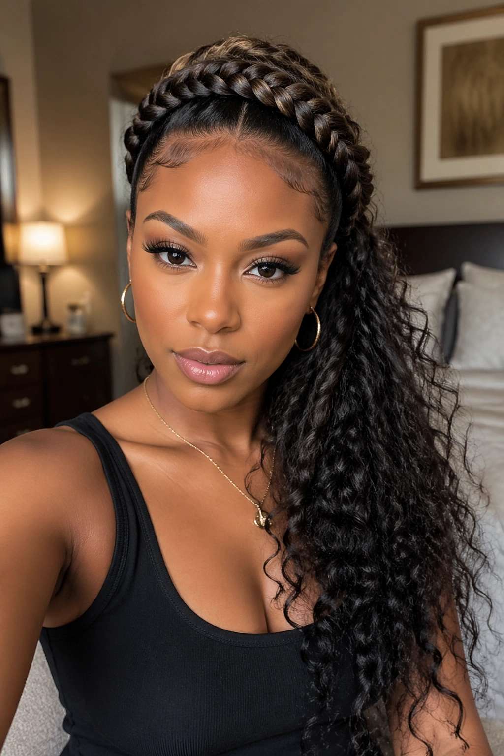Medium close-up of a real woman with a crown braid and ponytail