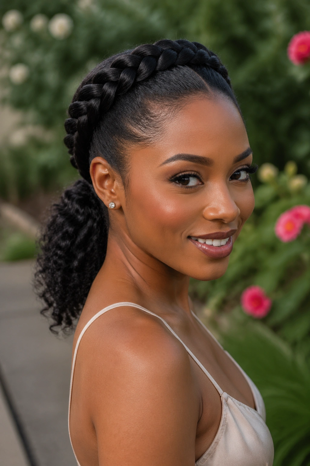 Real woman with crown braid around head and ponytail at back