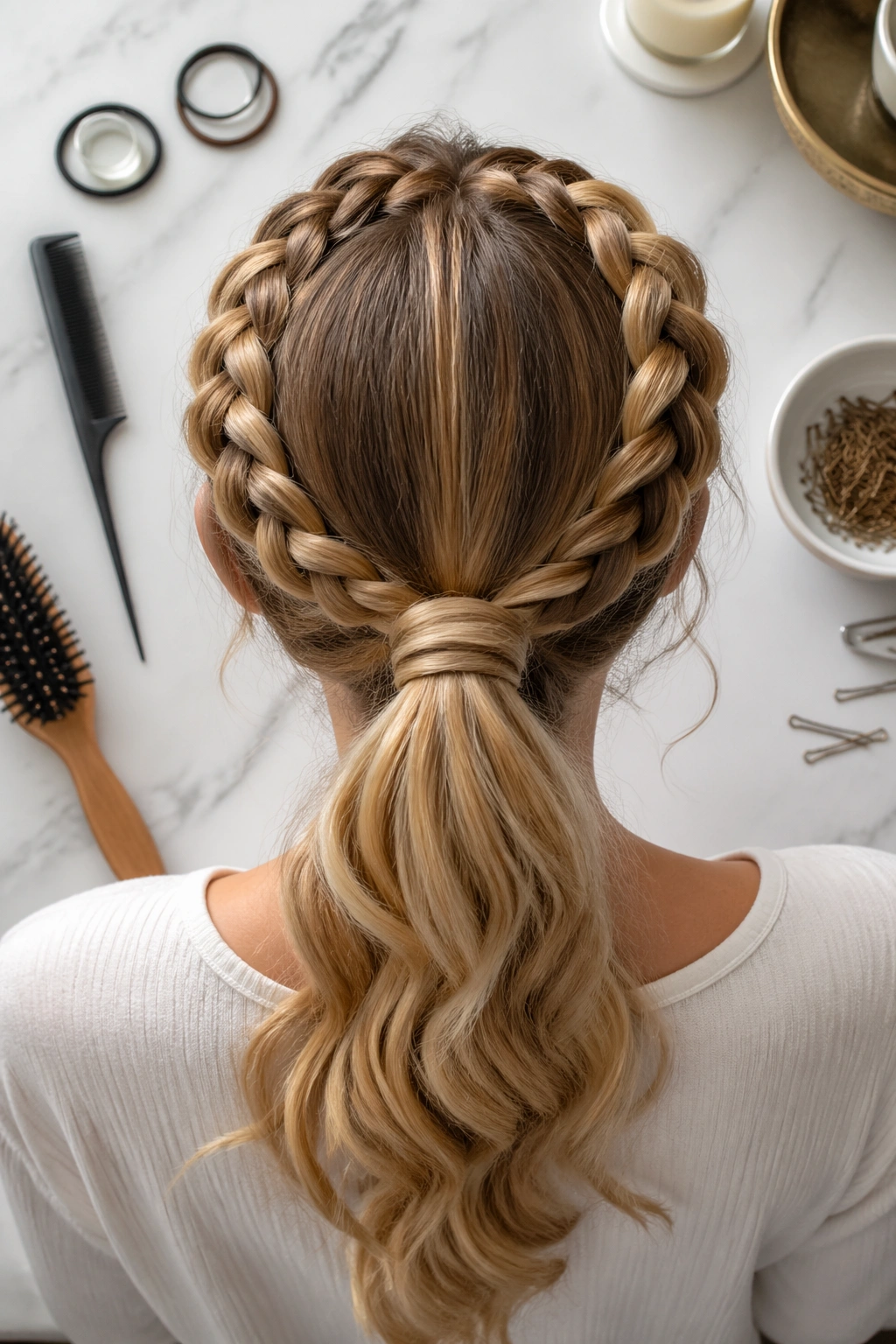 Overhead flat-lay of wrapped crown braid ponytail with tools.