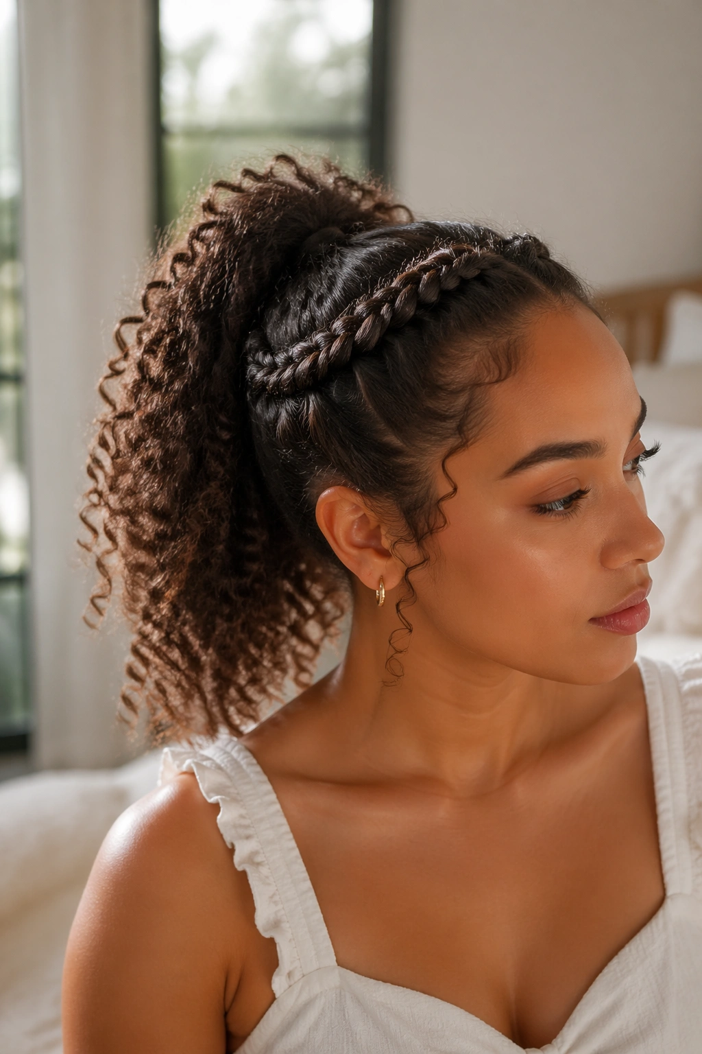 Close-up of a real woman wearing a crown braid leading into a curly ponytail