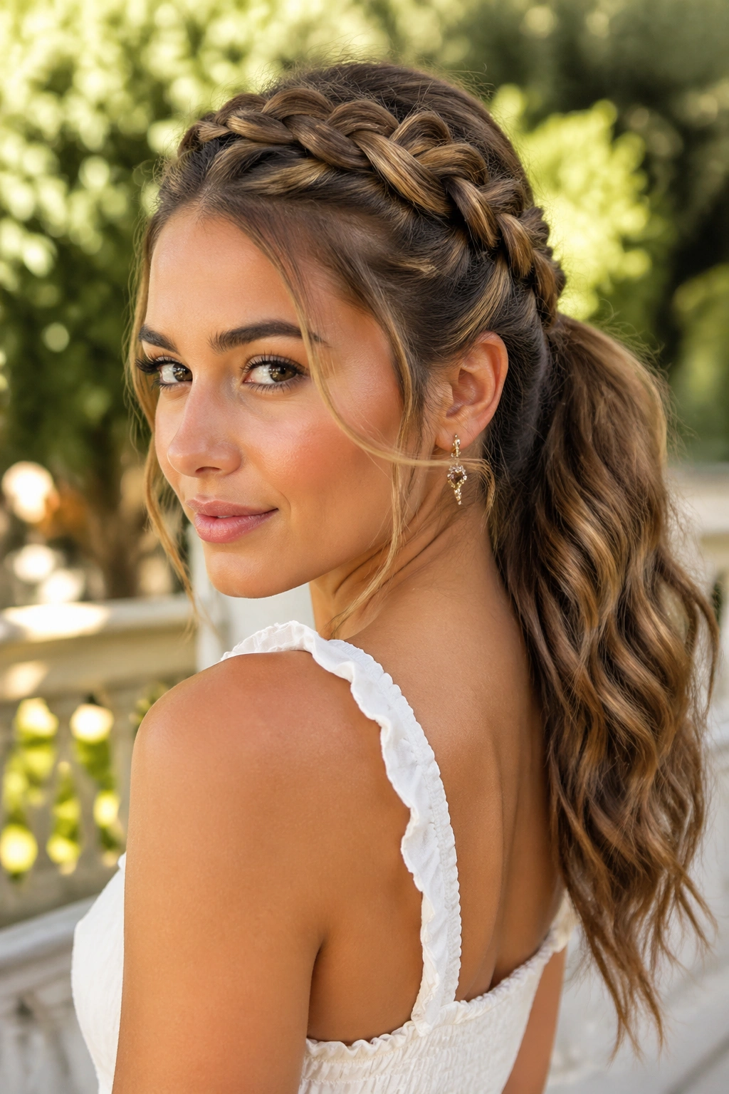 Front view of a woman with a crown braid merging into a ponytail