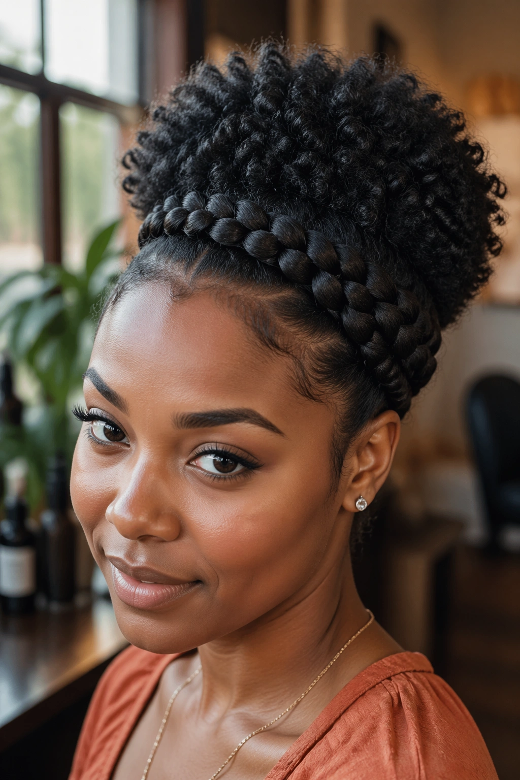 Close-up of crown braid into a puff on a real woman.