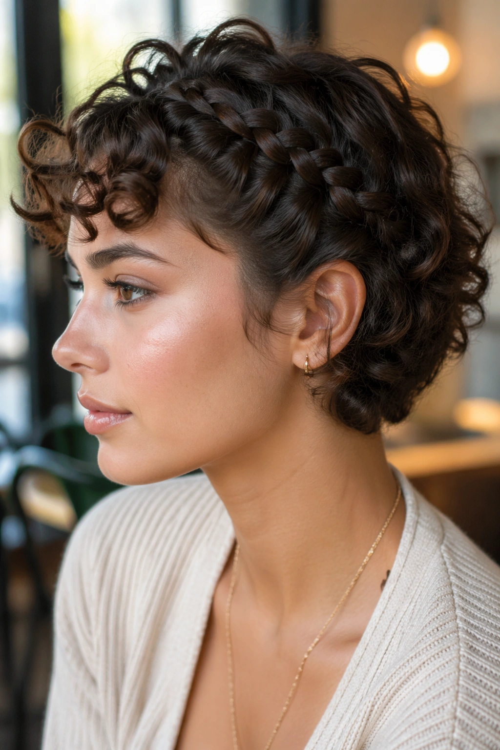 Close-up of a real woman with a slim crown braid along the hairline on short curls