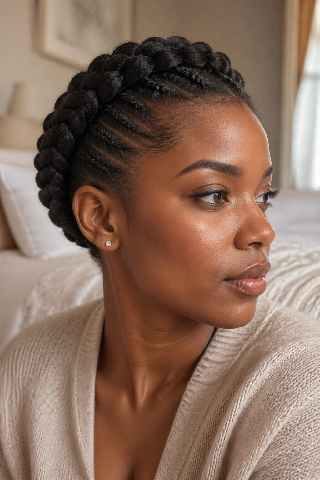 Close-up portrait of a real Black woman wearing a halo crown braid on short natural hair with warm window light.