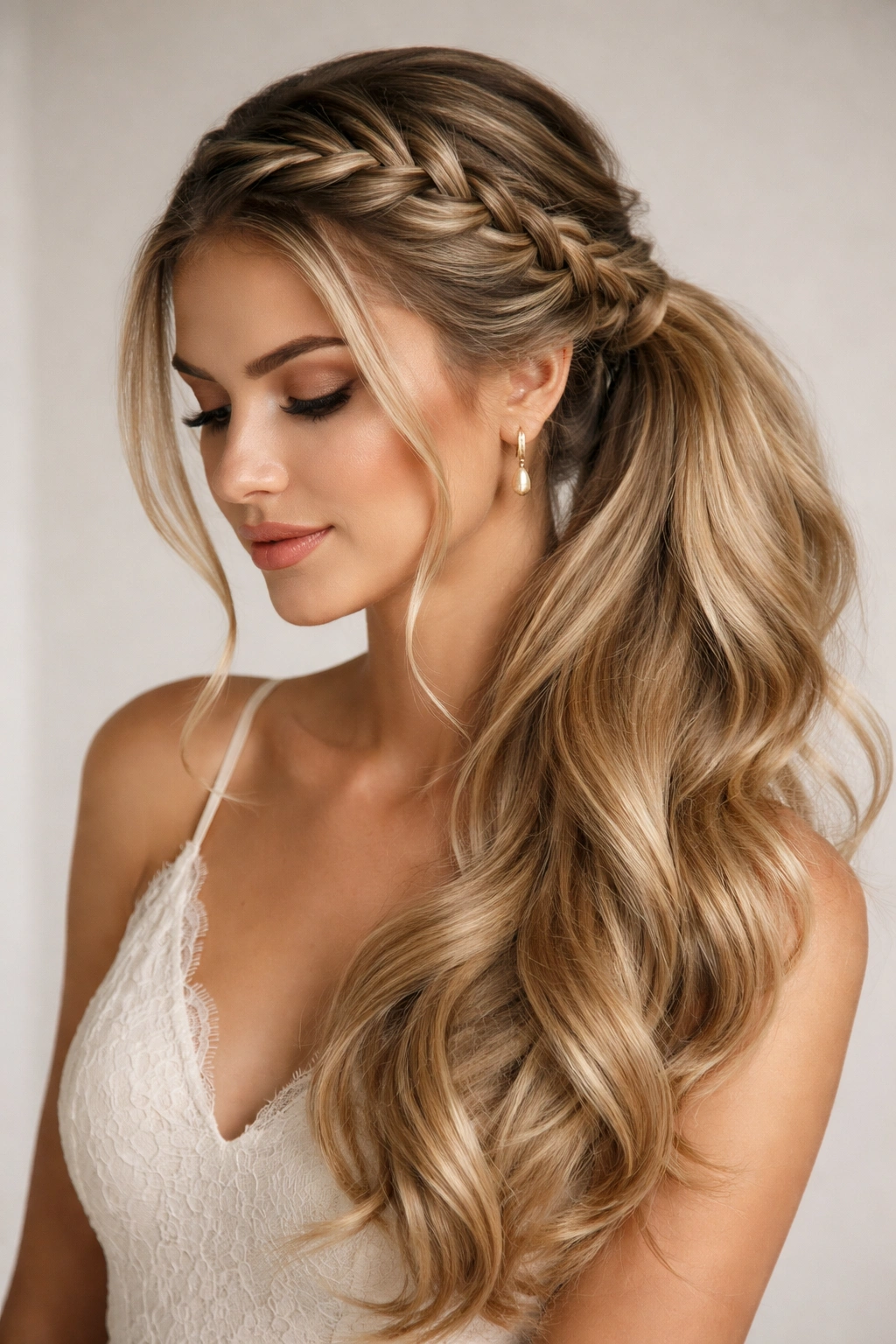 Crown braid around head into side ponytail