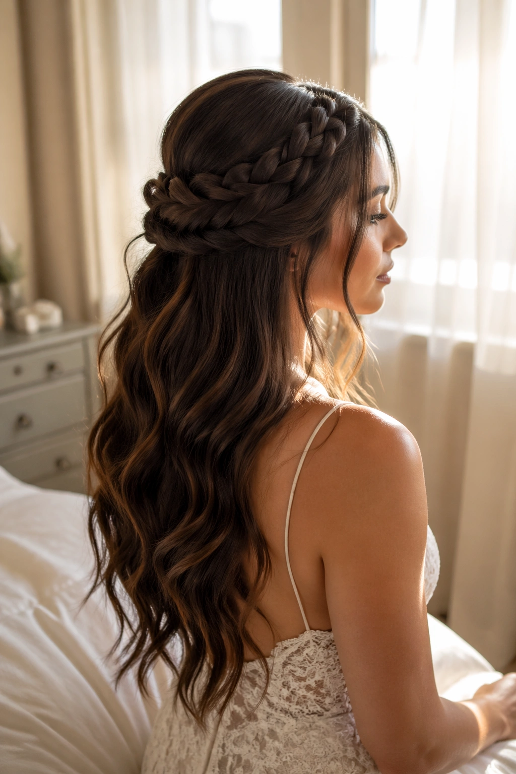 Side profile crown braid loose waves brunette