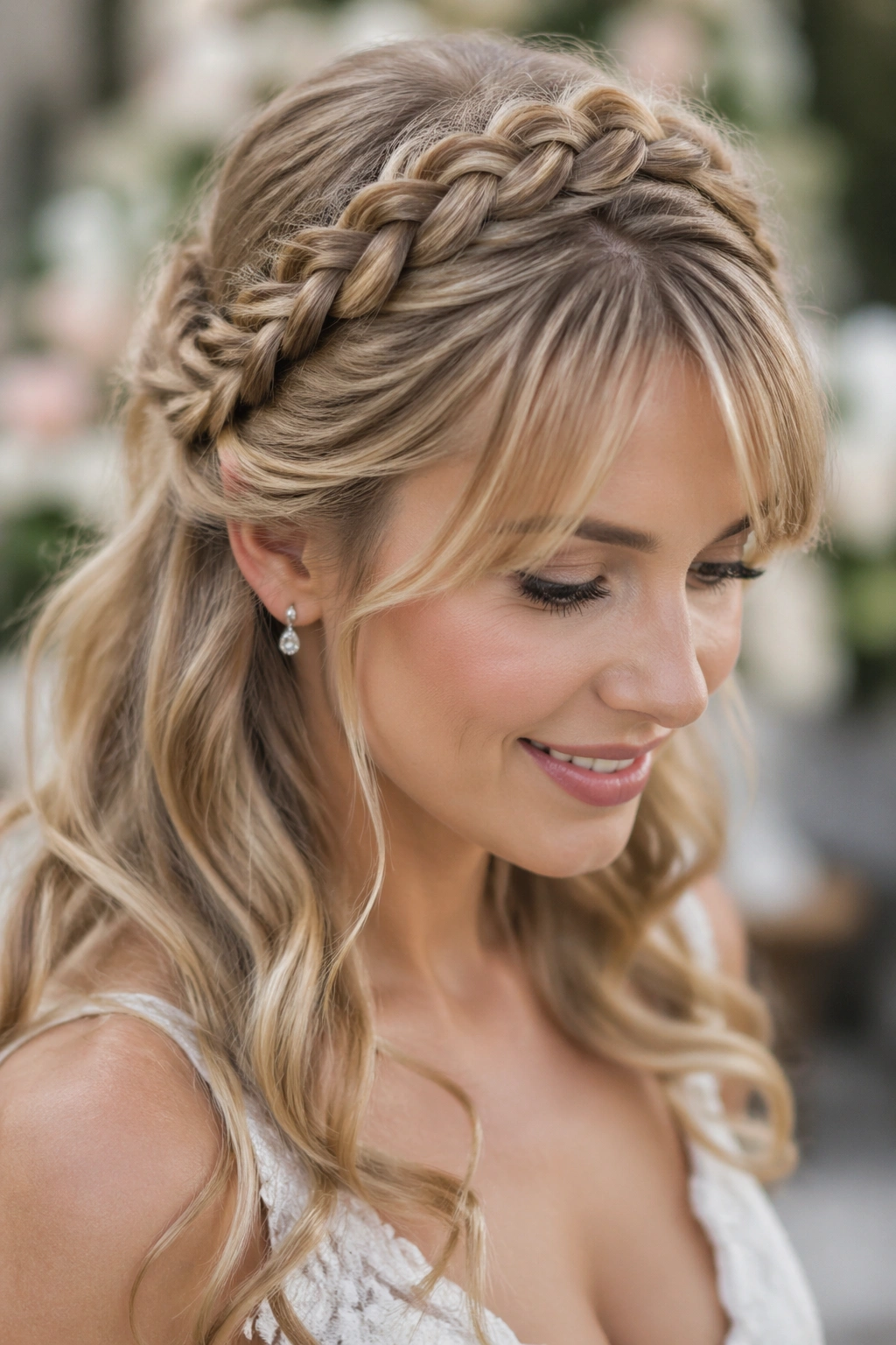 Bride wearing a crown braid with swept bangs