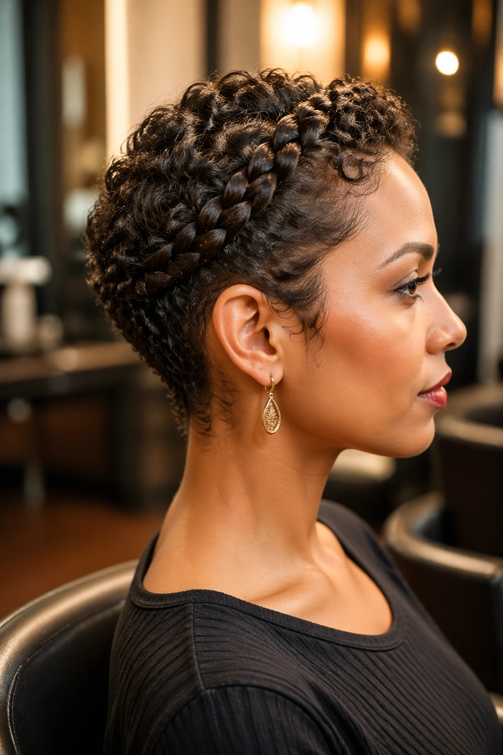 Profile view of crown braid around a tapered cut